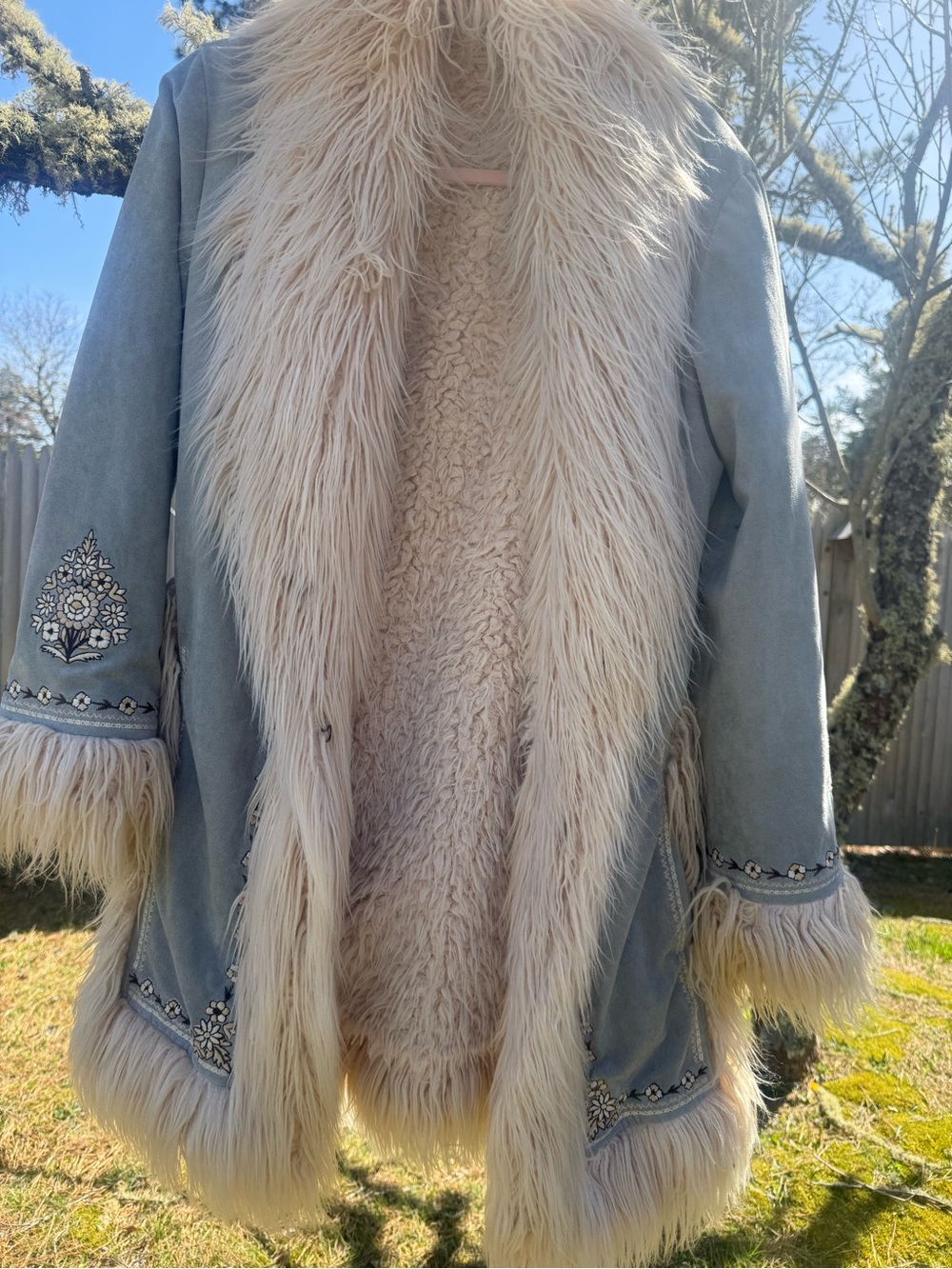 Spell & The Gypsy, Blue Faux-Suede Teddy Coat with Cream Faux-Fur Trim - Picture 2 of 3